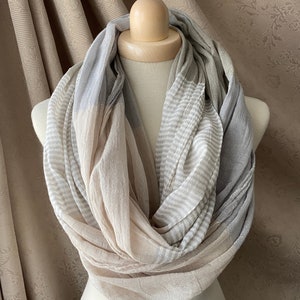 Loop in 3 Colours to Choose, Airy Striped Cotton Scarf in Grey-Pink, Orange or Blue image 4