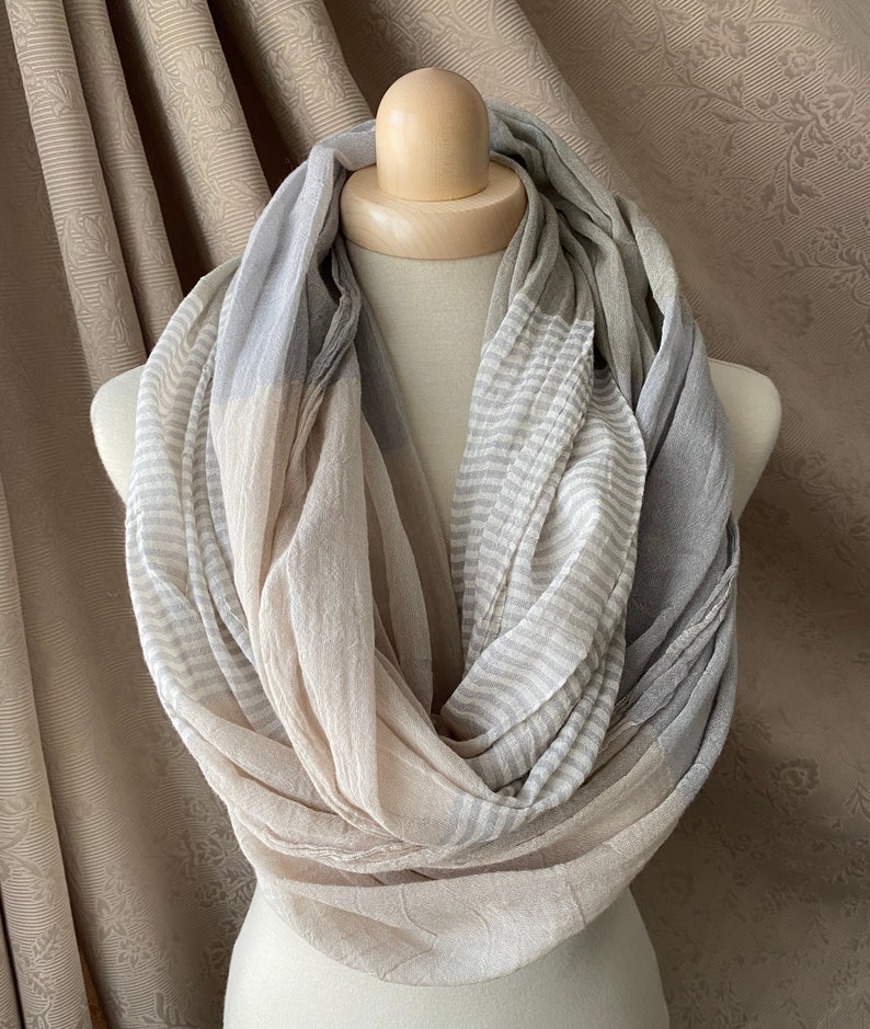 Loop in 3 Colours to Choose, Airy Striped Cotton Scarf in Grey-Pink, Orange or Blue image 4