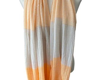 Loop in 3 Colours to Choose, Airy Striped Cotton Scarf in Grey-Pink, Orange or Blue