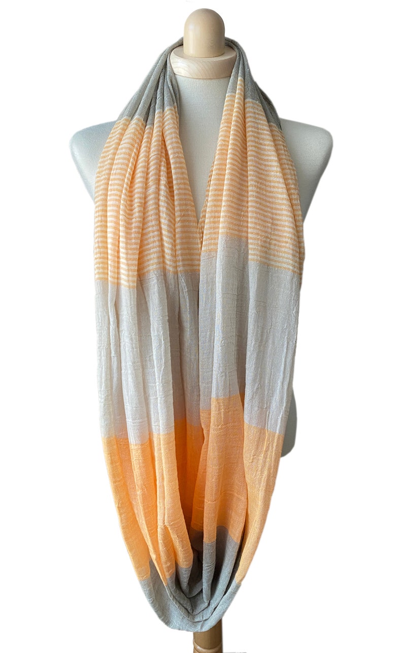 Loop in 3 Colours to Choose, Airy Striped Cotton Scarf in Grey-Pink, Orange or Blue image 1