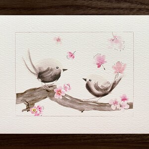 A5 Fine Art Print Pájaros y flores, Pareja de pájaros en una ramita de ciruelo DIN A 5