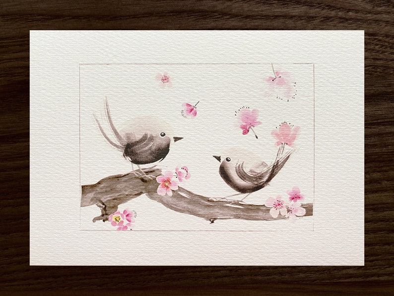 A5 Fine Art Print Pájaros y flores, Pareja de pájaros en una ramita de ciruelo DIN A 5