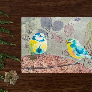 Blue Tits in Mixed Media Art Print with Eco Print Leaves , DIN A 6 Fine Art Print, Postcard image 4