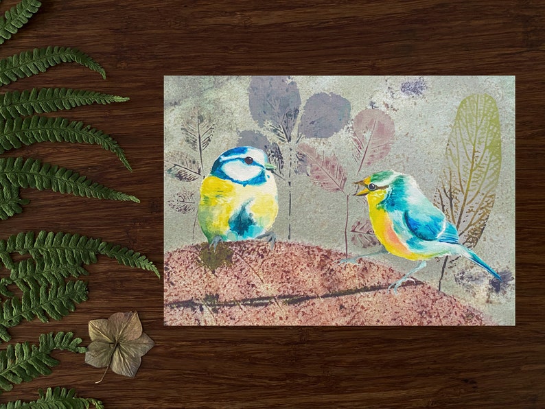 Blue Tits in Mixed Media Art Print with Eco Print Leaves , DIN A 6 Fine Art Print, Postcard image 4