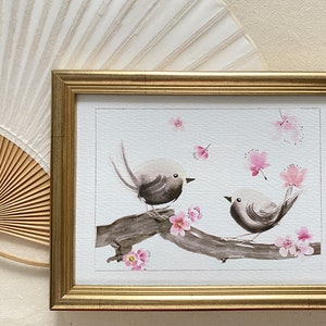 A5 Fine Art Print Pájaros y flores, Pareja de pájaros en una ramita de ciruelo imagen 3