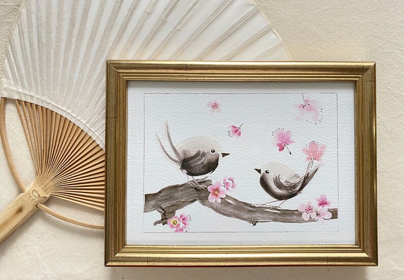 A5 Fine Art Print Pájaros y flores, Pareja de pájaros en una ramita de ciruelo imagen 3