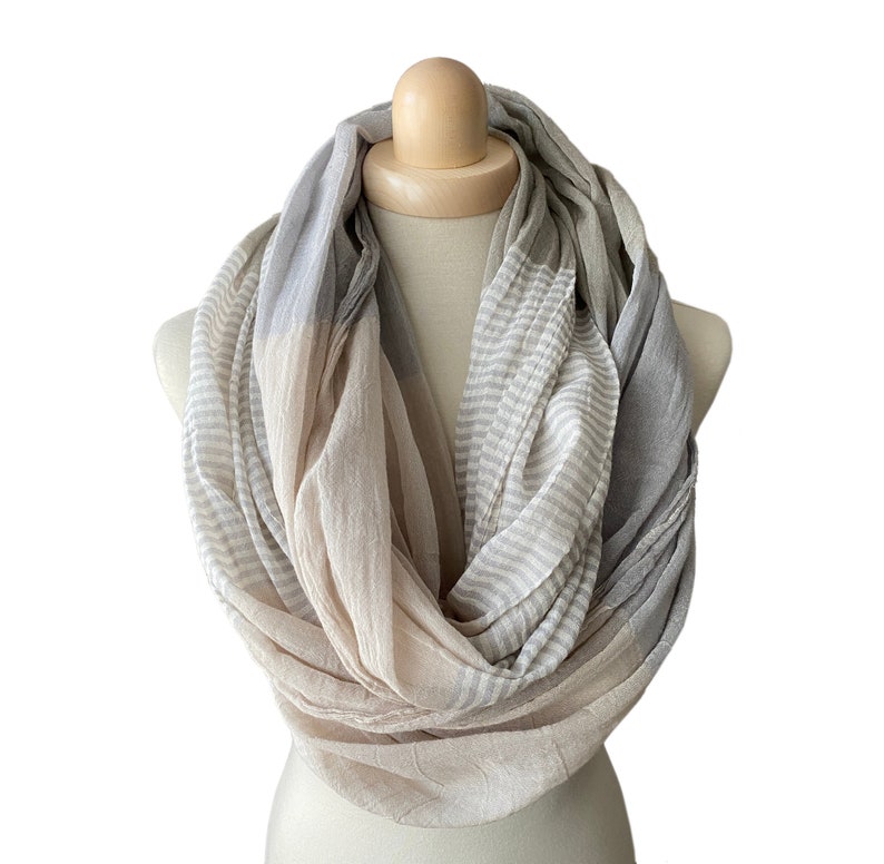 Loop in 3 Colours to Choose, Airy Striped Cotton Scarf in Grey-Pink, Orange or Blue image 3