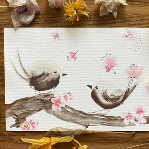 A5 Fine Art Print Pájaros y flores, Pareja de pájaros en una ramita de ciruelo imagen 5