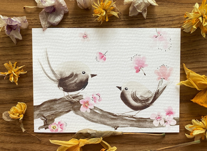 A5 Fine Art Print Pájaros y flores, Pareja de pájaros en una ramita de ciruelo imagen 5