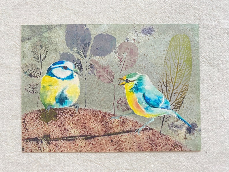 Blue Tits in Mixed Media Art Print with Eco Print Leaves , DIN A 6 Fine Art Print, Postcard image 1