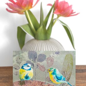 Blue Tits in Mixed Media Art Print with Eco Print Leaves , DIN A 6 Fine Art Print, Postcard image 3