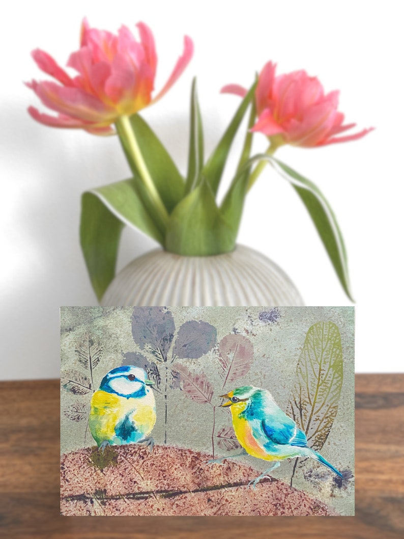 Blue Tits in Mixed Media Art Print with Eco Print Leaves , DIN A 6 Fine Art Print, Postcard image 3