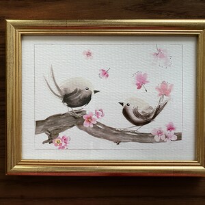 A5 Fine Art Print Pájaros y flores, Pareja de pájaros en una ramita de ciruelo imagen 2