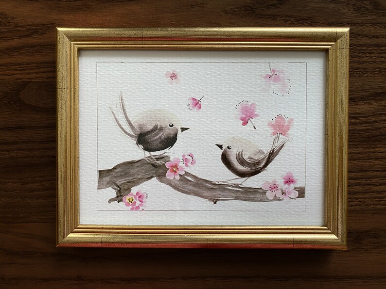 A5 Fine Art Print Pájaros y flores, Pareja de pájaros en una ramita de ciruelo imagen 2