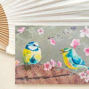 Blue Tits in Mixed Media Art Print with Eco Print Leaves , DIN A 6 Fine Art Print, Postcard image 6