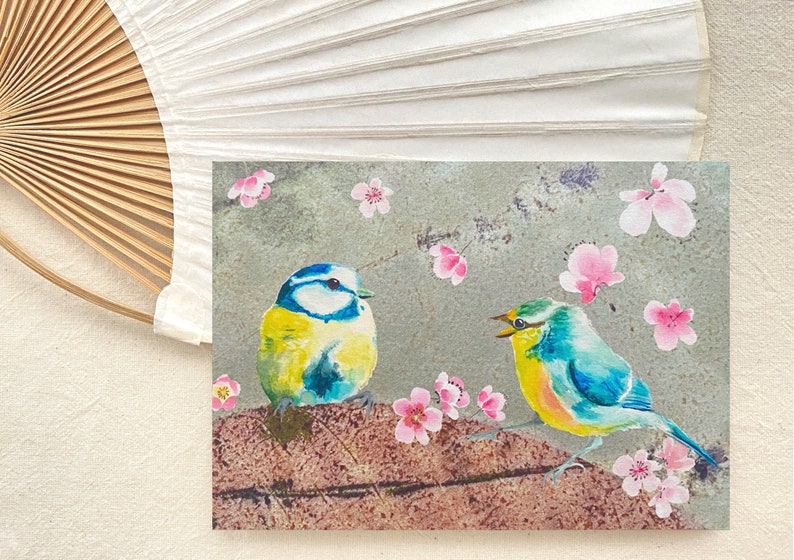 Blue Tits in Mixed Media Art Print with Eco Print Leaves , DIN A 6 Fine Art Print, Postcard image 6