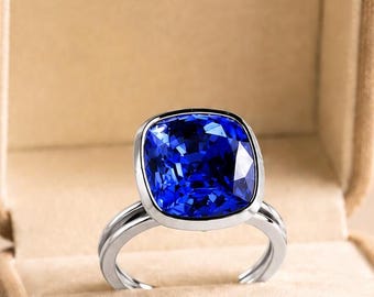 Blue Sapphire Engagement Ring Cushion Cut – Bezel Set 14K Gold Solitaire
