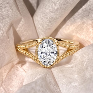 Lab Grown Diamond Engagement Ring Vintage Split Shank Solitaire 14K Gold IGI Certified