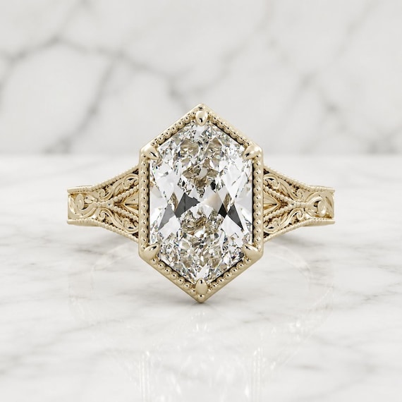 Duchess Cut Lab Grown Diamond Engagement Ring Vintage Milgrain Bezel 14K Yellow Gold Split Shank