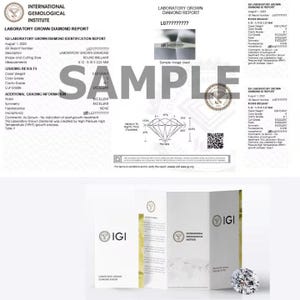 May include: An International Gemological Institute laboratory grown diamond report document featuring a round brilliant cut diamond diagram, grading results, and a QR code. The report includes the text Laboratory Grown Diamond Report.