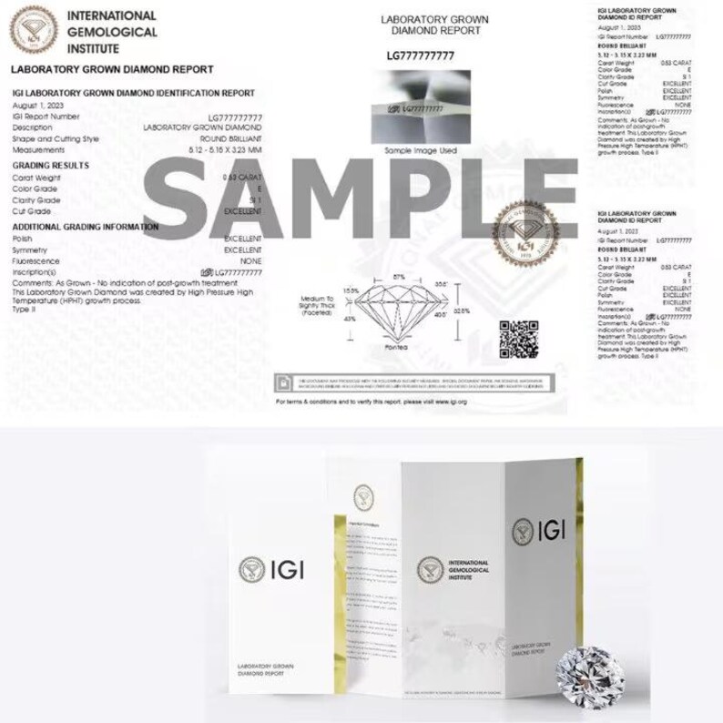May include: An International Gemological Institute laboratory grown diamond report document featuring a round brilliant cut diamond diagram, grading results, and a QR code. The report includes the text Laboratory Grown Diamond Report.