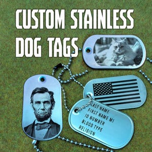 Custom Personalized Military Style Dog Tag Set Laser Engraved with Photos, Designs, and Text Necklace and Pendants