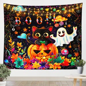 Tapiz de pared con diseño de feliz Halloween, tapiz de pared con grafiti de calabaza fantasma y gato negro de dibujos animados para niños, tapices bohemios negros con flores mexicanas