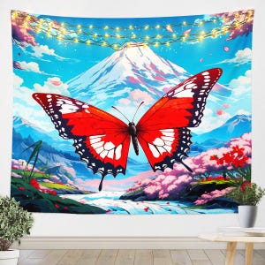 赤い蝶のタペストリー、日本の富士山ピンクの桜の壁掛け、部屋の装飾のための夢のような動物の美的壁ブランケット
