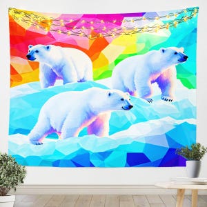 シロクマのタペストリー、寝室用のかわいい北極の野生動物の壁掛け、自然の氷山氷河のカラフルなパッチワークタペストリー壁ブランケット