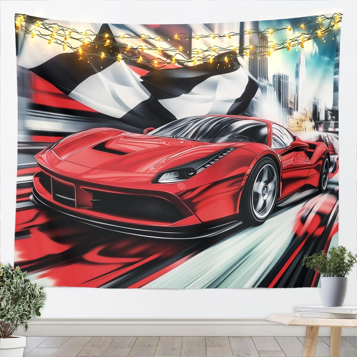 Race Car Tapestry Red Racing Car Extreme Sports Theme Tapestries for ...