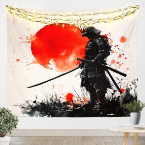 Japanese Samurai Wall Blankets Tapestries, Watercolor Red Sun Artwork Wall Hangings, Ukiyoe Ink Paint Tapestry for Bedroom Dorm Decor
