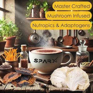 Chocolate quente com infusão de cogumelos, adaptógenos, cacau, coco, juba de leão, reishi, cordiceps e chaga em uma bebida indulgente.