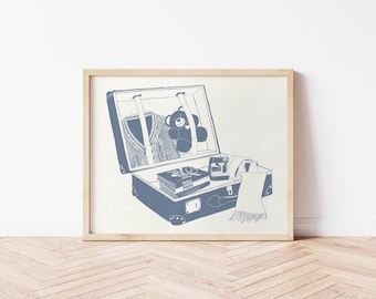Seven Suitcase Art Print – Original Linocut-Style Giclée | Nostalgic Friendship Wall Art | Sentimental Gift for Her | Dreamy Poetic Decor