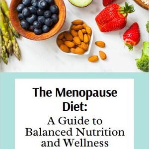 May include: A selection of fresh, healthy foods, including blueberries, strawberries, and avocado, arranged on a white surface. The image also features the text "The Menopause Diet: A Guide to Balanced Nutrition and Wellness."