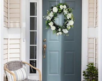 White Garden Wreath – Silk Chrysanthemum, Roses, Hydrangeas Door Decor