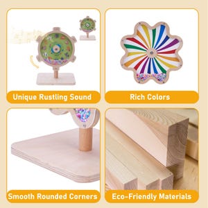 May include: Wooden educational toys with the text "Unique Rustling Sound", "Rich Colors", "Smooth Rounded Corners", and "Eco-Friendly Materials". The toys include a spinning wheel with colorful beads and a flower-shaped panel with rainbow stripes.