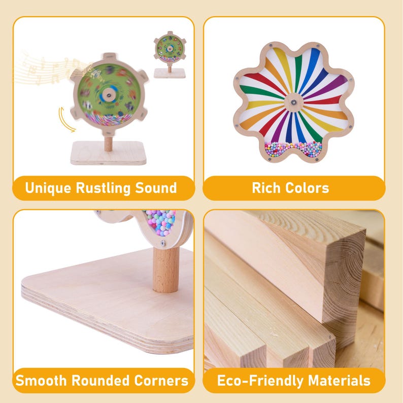 May include: Wooden educational toys with the text "Unique Rustling Sound", "Rich Colors", "Smooth Rounded Corners", and "Eco-Friendly Materials". The toys include a spinning wheel with colorful beads and a flower-shaped panel with rainbow stripes.