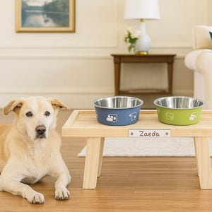 Personalized Dog Bowl Stand, Handmade  Elevated Dog Feeder, Cat Food Bowl Stand with Name, Wood Dog Bowl Holder