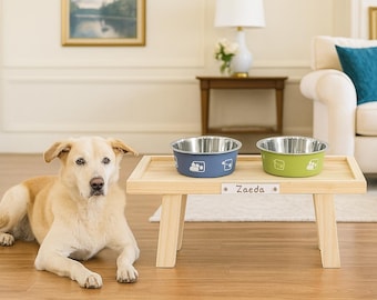 Personalized Dog Bowl Stand, Handmade  Elevated Dog Feeder, Cat Food Bowl Stand with Name, Wood Dog Bowl Holder