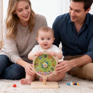 May include: A wooden baby toy with a gear-shaped design. The center features a green background with animal illustrations. The gear has a wooden stand and a clear section filled with colorful beads. A baby is holding the toy, with two adults nearby.