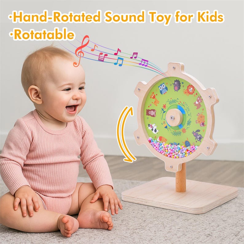 May include: A wooden hand-rotated sound toy for kids. The toy features a colorful design with animal illustrations and a clear window filled with small beads. The text on the image says "Hand-Rotated Sound Toy for Kids" and "Rotatable".