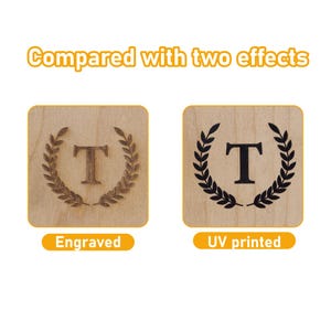 May include: Two wooden square plaques with a laurel wreath design and the letter "T" in the center. One plaque is engraved, the other is UV printed. The text "Compared with two effects" is at the top, and "Engraved" and "UV printed" are at the bottom.