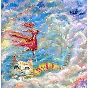 Alice in Wonderland Art Print - Whimsical Cheshire Cat Wall Art - Fantasy Art Print from Mixed Media Painting - Surreal Literary Home Decor