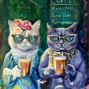 Cats N Coffee – Whimsical Mixed Media Cat Art for Coffee Lovers | Retro-Inspired Wall Decor Fine Art Print