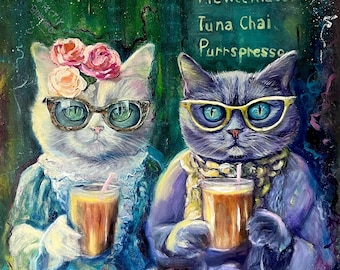 Cats N Coffee Art Print: Whimsical Retro Cat Lover Decor