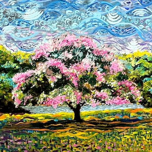 Pink Flowering Tree Art Print: Colorful Spring Landscape Painting