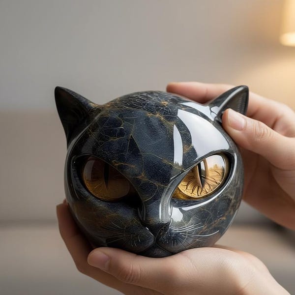 Sculpture Tête De Chat En Résine Pierre Marbrée - Déco Intérieur élégante - Style Minimaliste Et Moderne (or/noir) - 2
