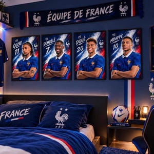 Può includere: Una camera da letto a tema con la nazionale di calcio francese, con quattro poster incorniciati dei giocatori Olise, Dembele, Doue e Mbappe, un set di biancheria da letto blu con il marchio Francia, una sciarpa della squadra e un pallone.