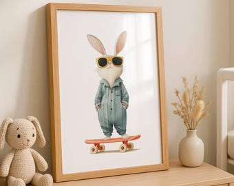 May include: A framed print featuring a cartoon rabbit wearing sunglasses and a blue striped jumpsuit, standing on a red skateboard. The artwork is in a wooden frame, suitable for a child's room.