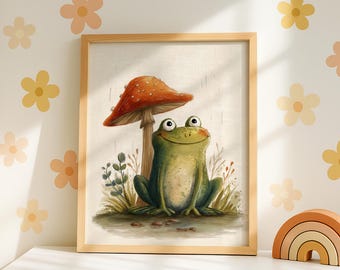 Frog Nursery Art Print: Whimsical Toad & Mushroom Decor (Digital Download)